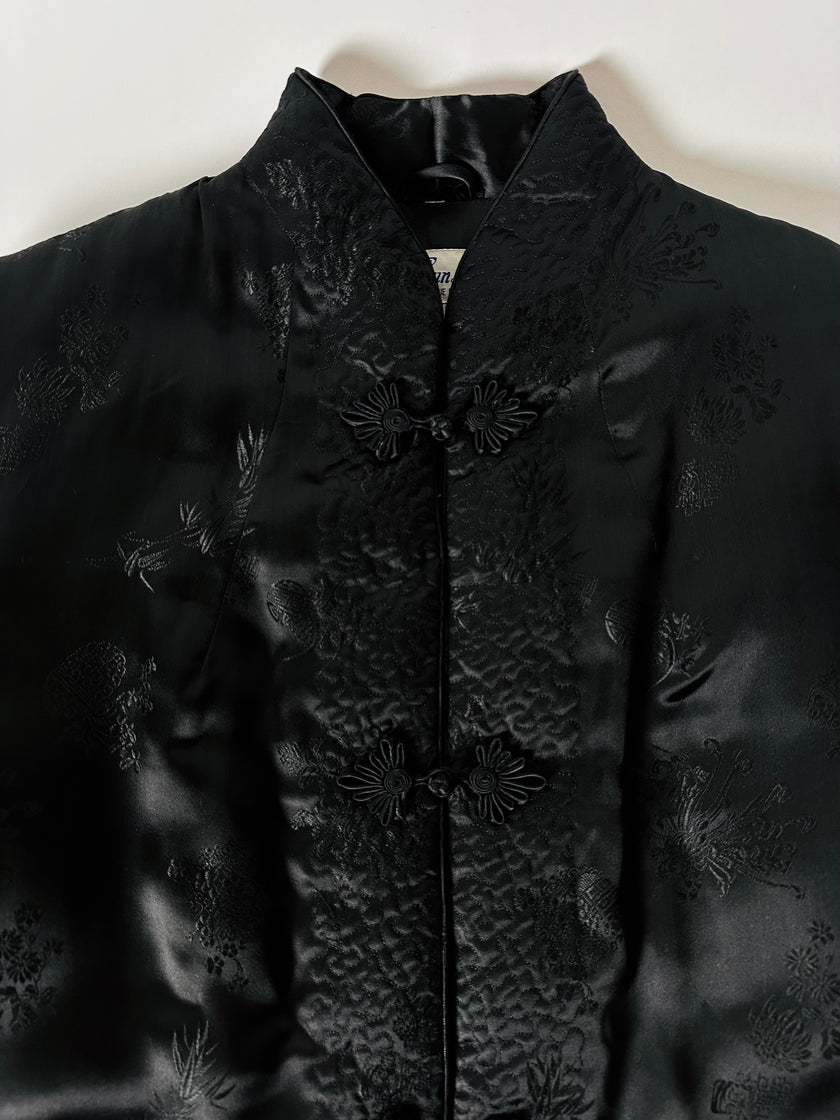Giacca vintage tradizionale cinese in raso jacquard nero con alamari