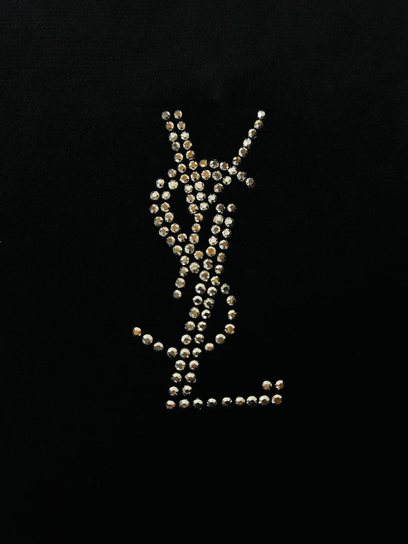 Maglia vintage Yves Saint Laurent Variation in ciniglia nera con logo YSL in strass