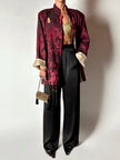 Giacca vintage in tessuto jacquard bordeaux con draghi cinesi e alamari