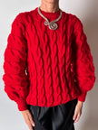 Maglione vintage fatto a mano in lana rossa con maxi trecce a rilievo