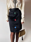 Gonna vintage Yves Saint Laurent Variation in raso nero con bottoni gioiello