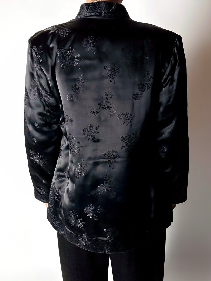 Giacca vintage tradizionale cinese in raso jacquard nero con alamari