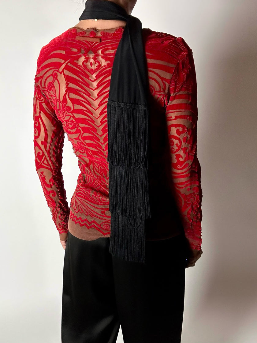 Maglia vintage Jean Paul Gaultier in mesh con stampa in floccato rosso