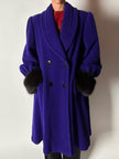 Cappotto vintage blu violaceo in lana con polsi in pelliccia di volpe nera