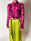 Camicia vintage Emanuel Ungaro in chiffon fucsia e lamé nero con volant plissé