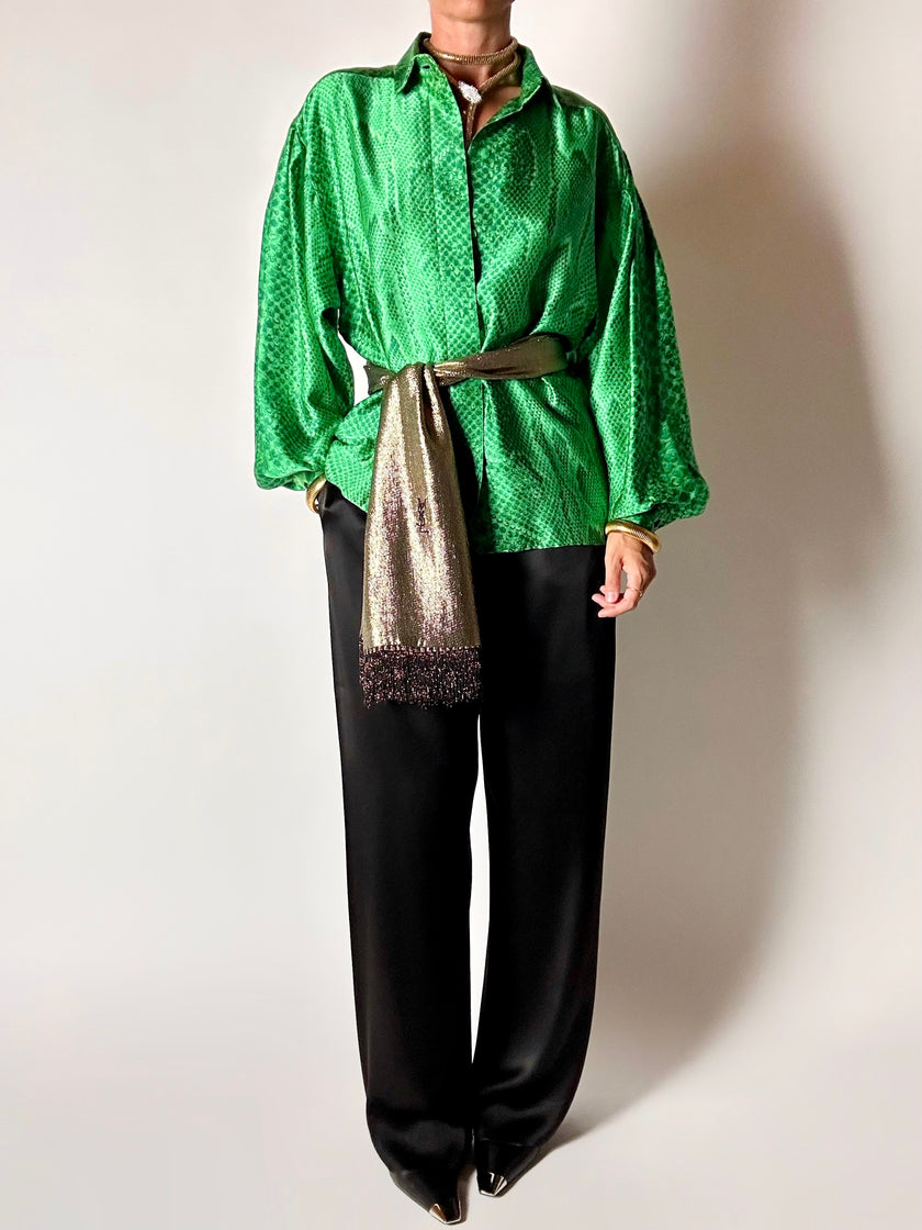 Camicia vintage sartoriale in raso di seta stampa pitone verde smeraldo