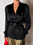 Camicia vintage Padovanelle in raso di seta nero con bottoni gioiello dorati