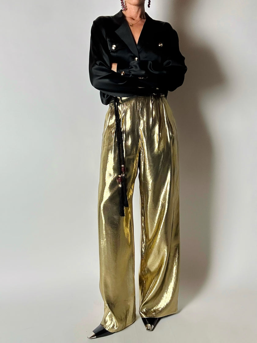 Pantalone vintage Yves Saint Laurent Rive Gauche a palazzo in seta lamé oro