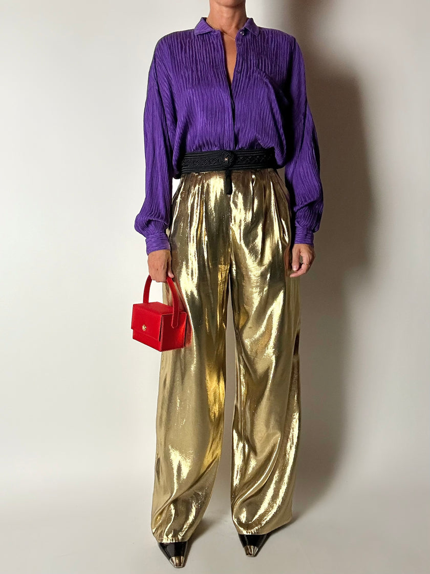 Camicia vintage Gianni Versace in seta goffrata viola con maxi tasca
