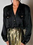 Camicia vintage Padovanelle in raso di seta nero con bottoni gioiello dorati