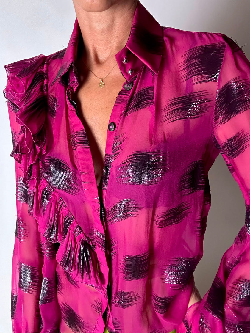 Camicia vintage Emanuel Ungaro in chiffon fucsia e lamé nero con volant plissé