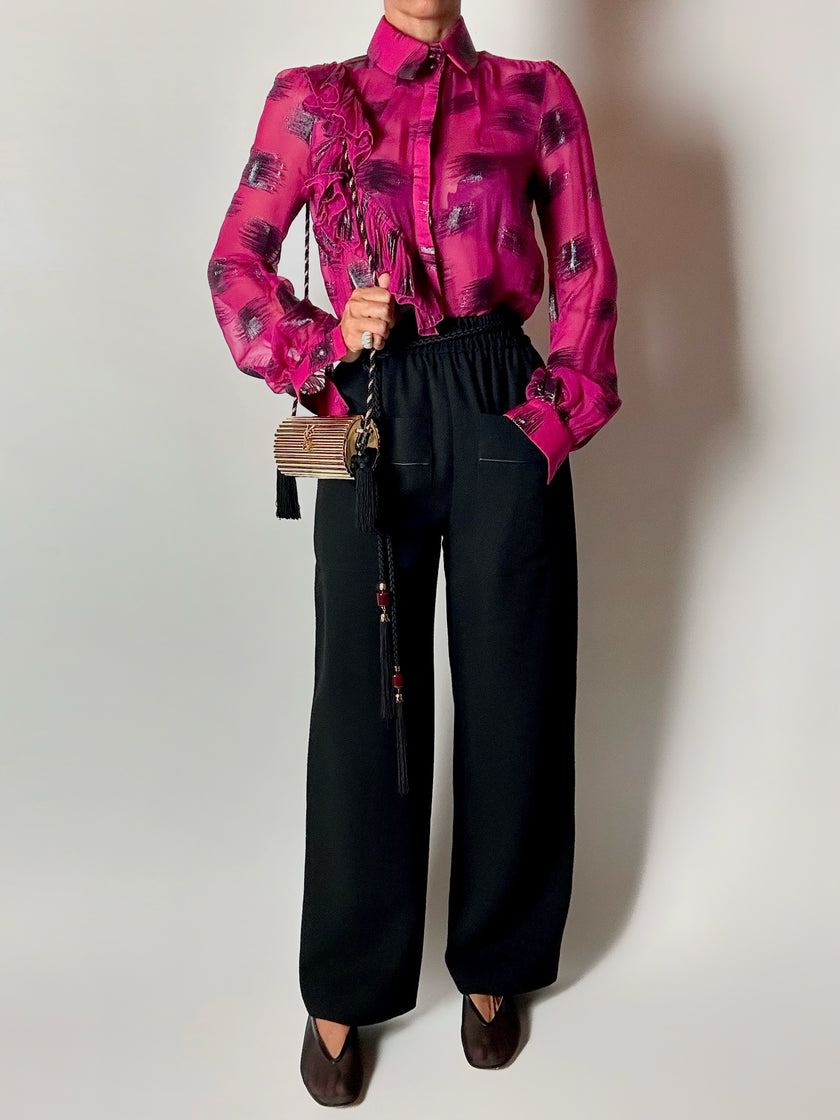 Pantaloni vintage Yves Saint Laurent Variation in lana nera a gamba ampia con tasche applicate