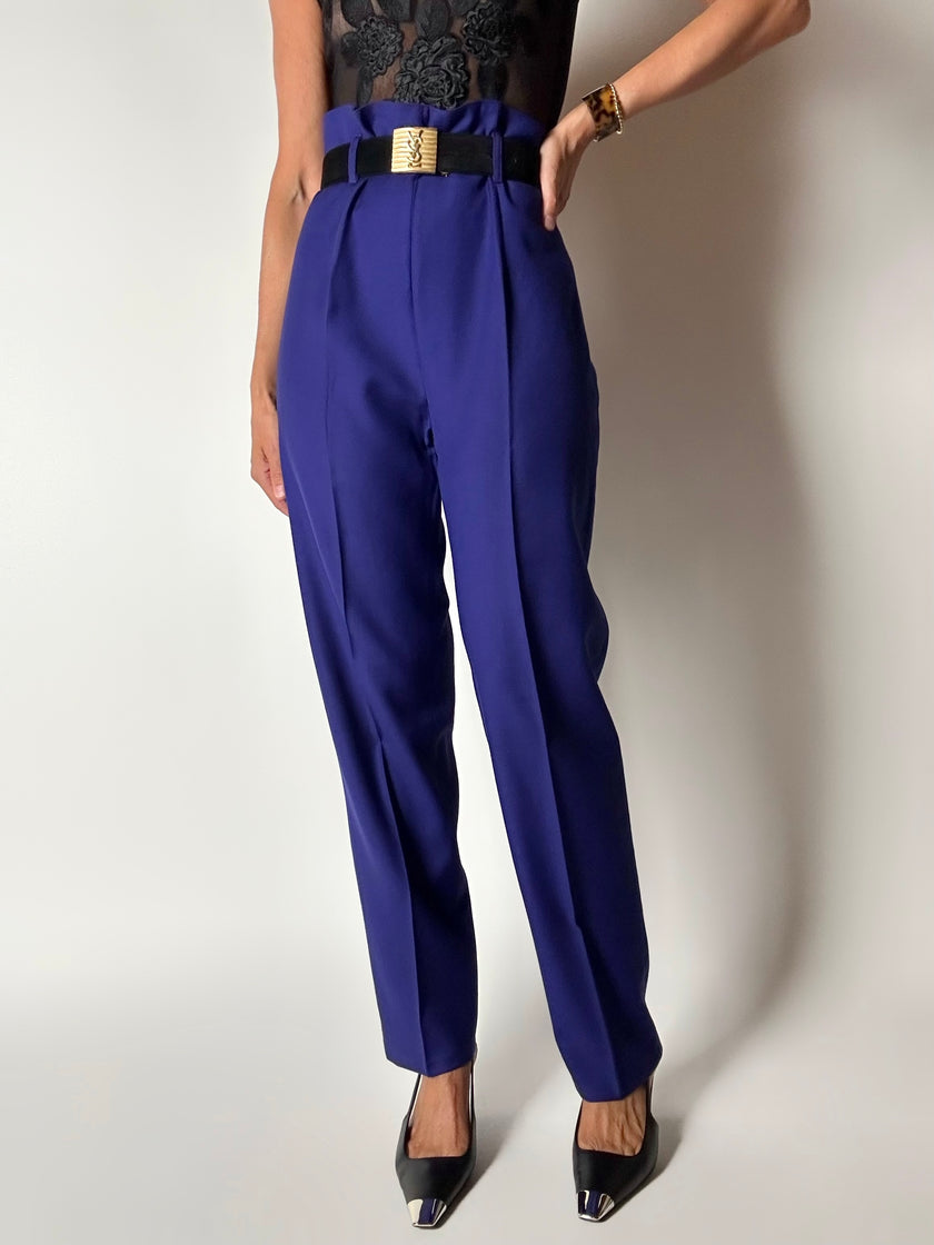 Pantalone vintage Cristina Gavioli a vita con piega in lana blu violetto