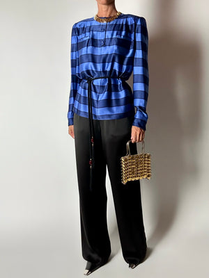 Blusa vintage Valentino Boutique in raso di seta blu Cina a righe orizzontali
