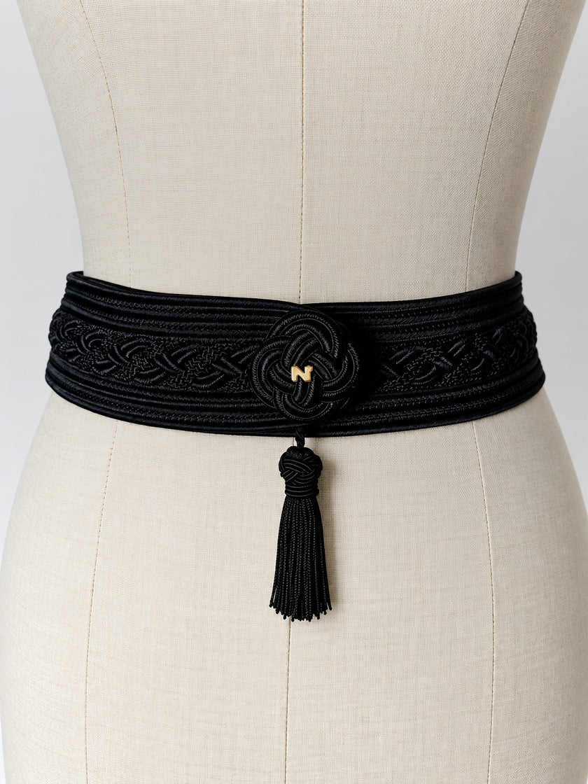 Cintura vintage Nina Ricci nera in passamaneria intrecciata con nappa couture
