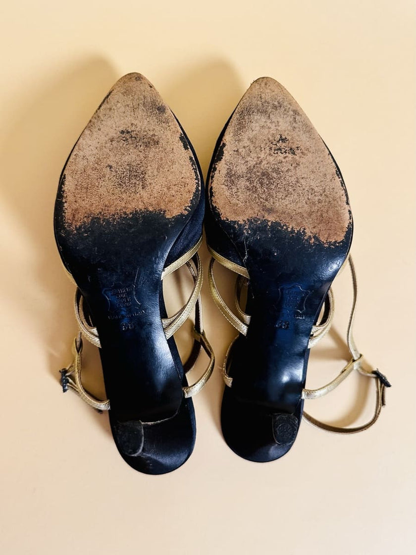 Scarpe in raso nero e pelle oro 