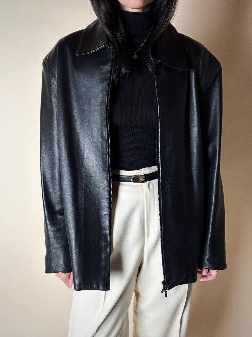 Giacca vintage in pelle nera con zip Michael Hoban North Beach Leather