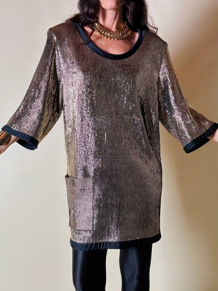 Mini dress oro in tessuto operato con profili neri in raso nero  “Yves Saint Laurent”