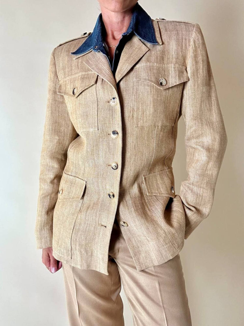 Giacca sahariana Yves Saint Laurent in lino mélange honey beige
