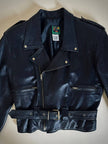 Giacca biker vintage in pelle nera con borchie dorate testa di medusa