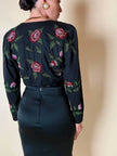 Bolero sartoriale in cotone nero con rose rosse ricamate in perline