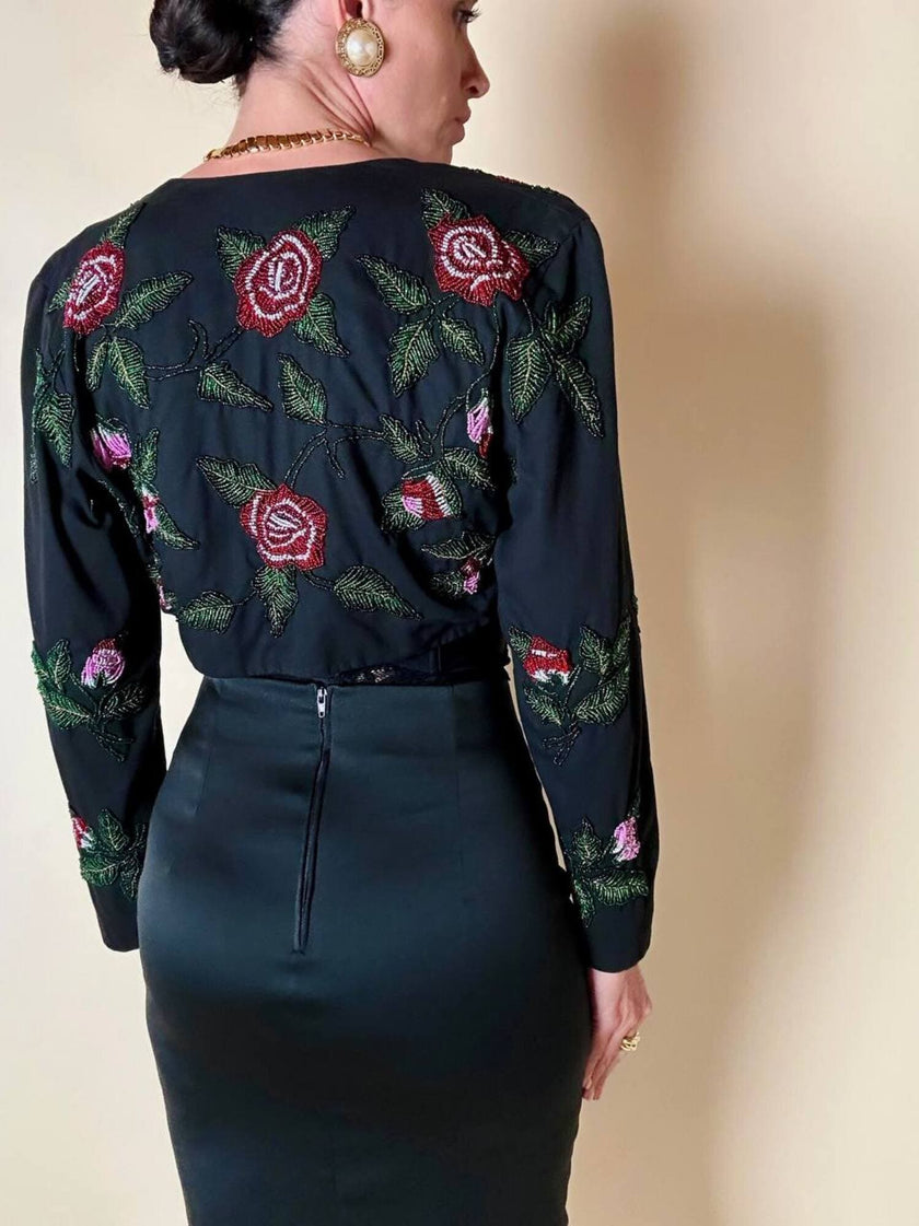Bolero sartoriale in cotone nero con rose rosse ricamate in perline