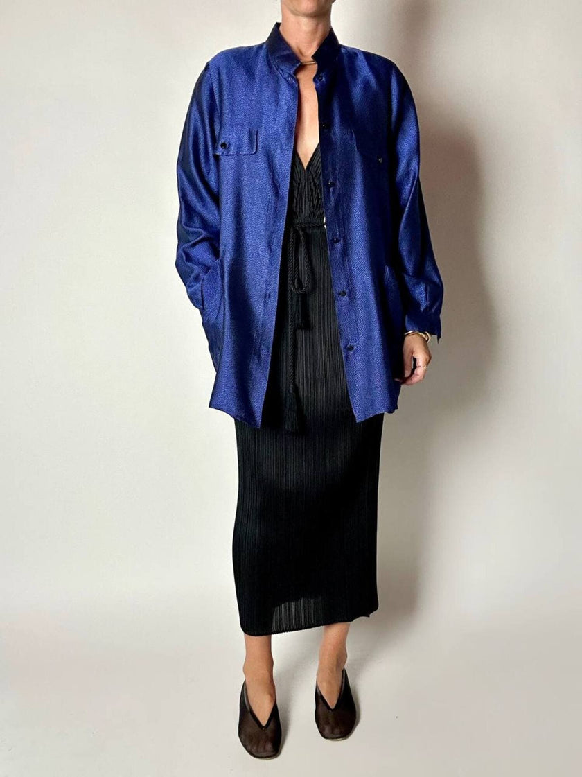 Giacca-camicia vintage in tessuto jacquard bluette