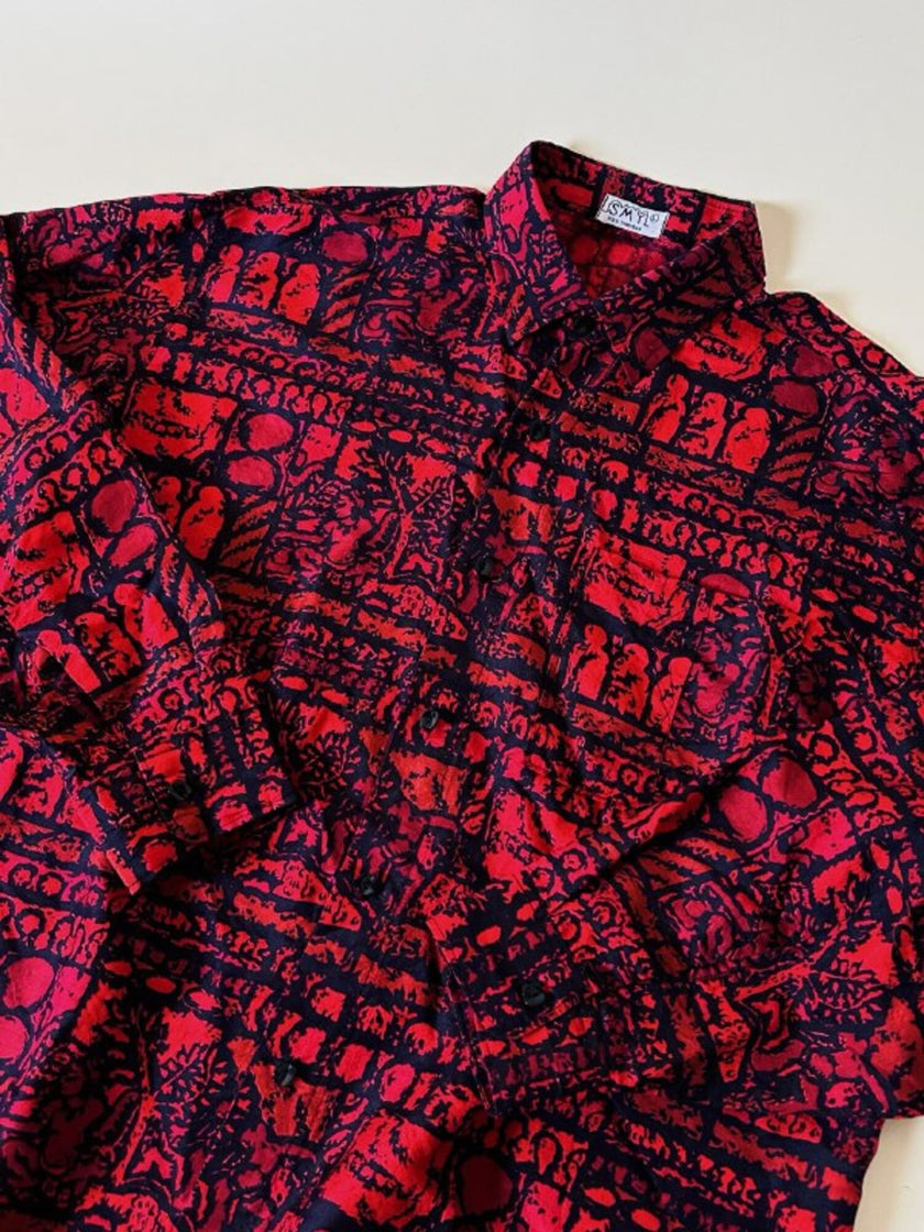 Camicia rossa e nera fantasia etnica in seta thai