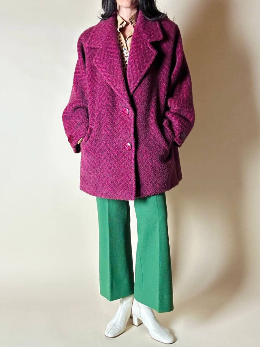 Capottino vintage spinato in tweed di lana e mohair magenta e prugna