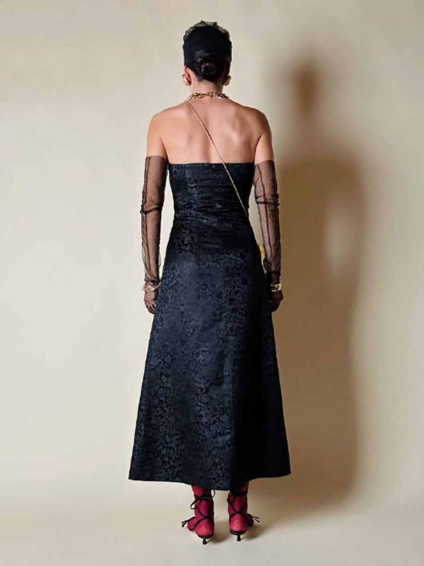 Abito a fascia in broccato di seta nero fantasia orientale