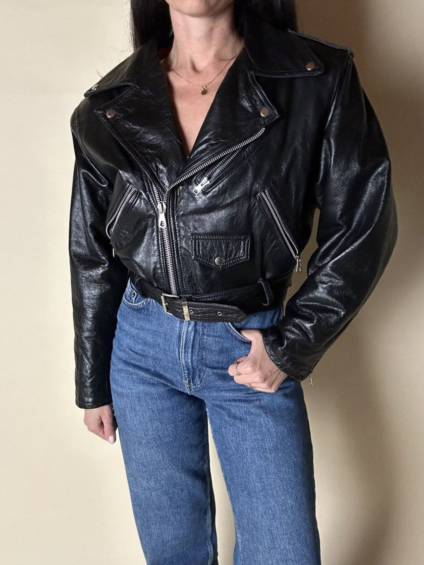 Giacca biker in pelle nera con fodera trapuntata rossa G.A.P. Gruppo Artigiano Pelle