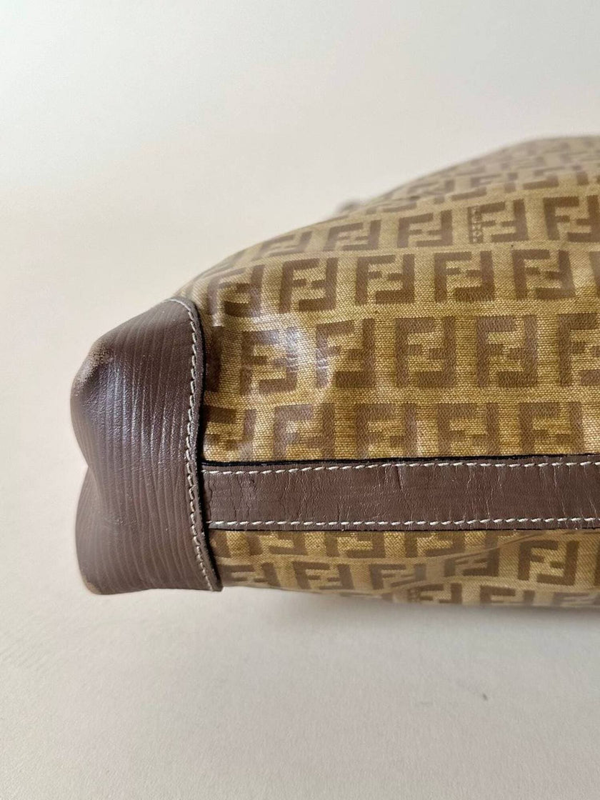 Tote bag vintage Fendi in tela monogram e marrone con finiture in pelle tortora