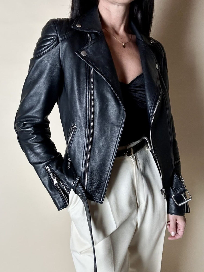 Giacca Biker vintage in pelle nera Brooklyn Bridge Factory