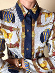 Camicia sartoriale in seta jacquard fantasia equestre barocca con bottoni gioiello dorati