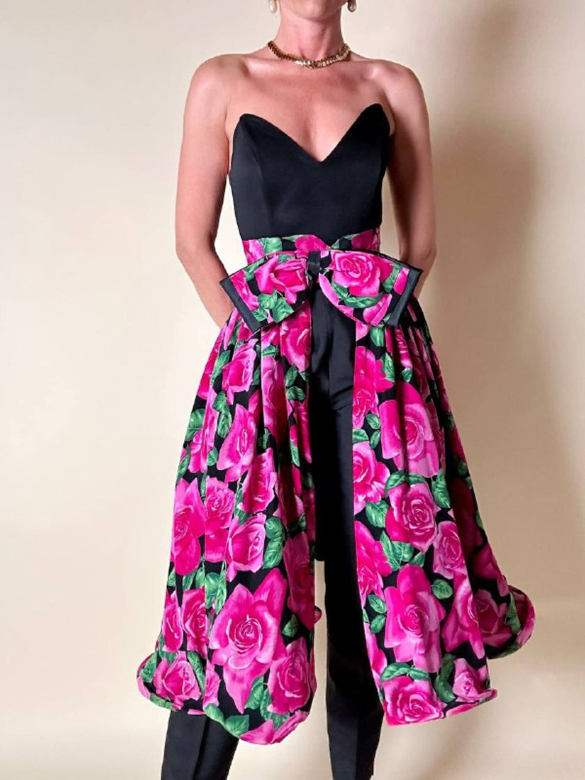 Gonna a ruota in seta fantasia floreale fucsia con maxi fiocco