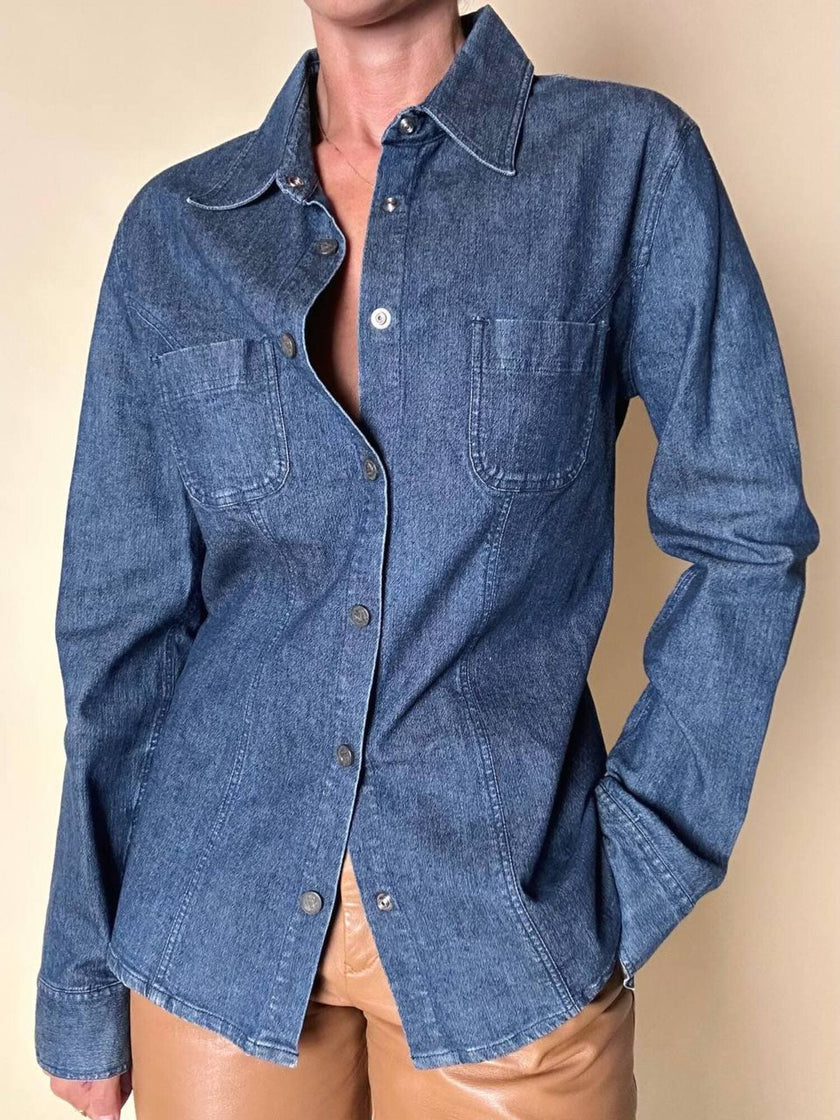 Camicia Fendissime in denim blu con bottoni  moneta da 10 lire