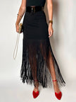 Gonna a tubino vintage Ivoire De Laurence Paris in jersey nero con frange lunghe