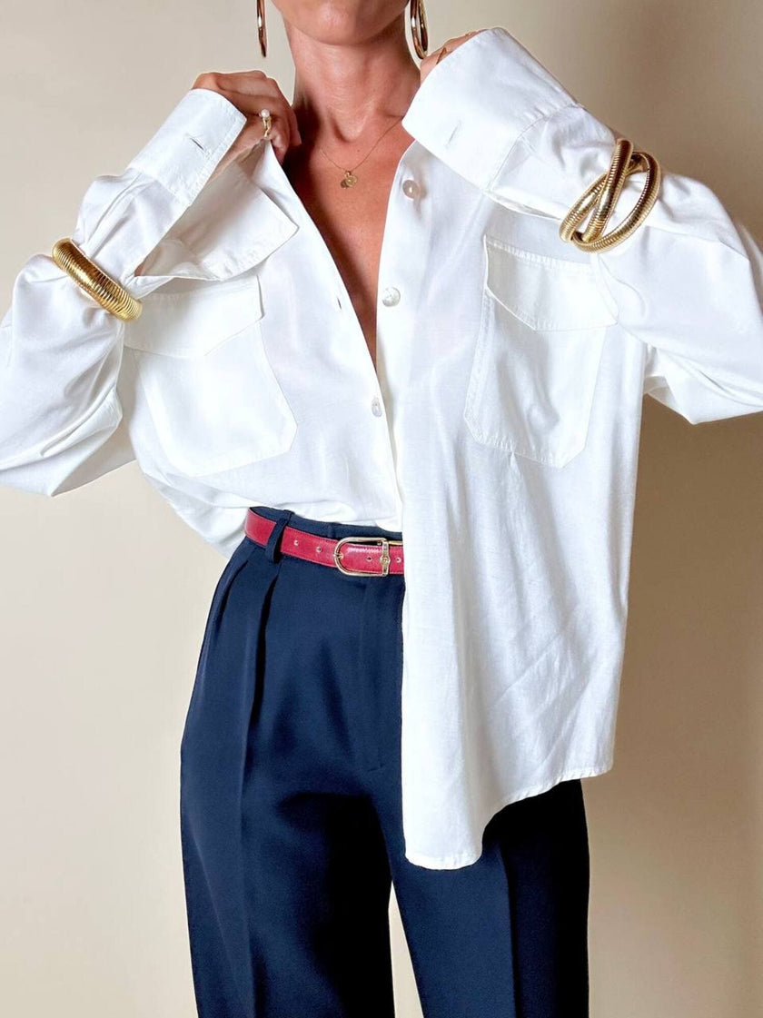 Camicia bianca Andrea Mare vintage in cotone con maxi tasche e bottoni in madreperla