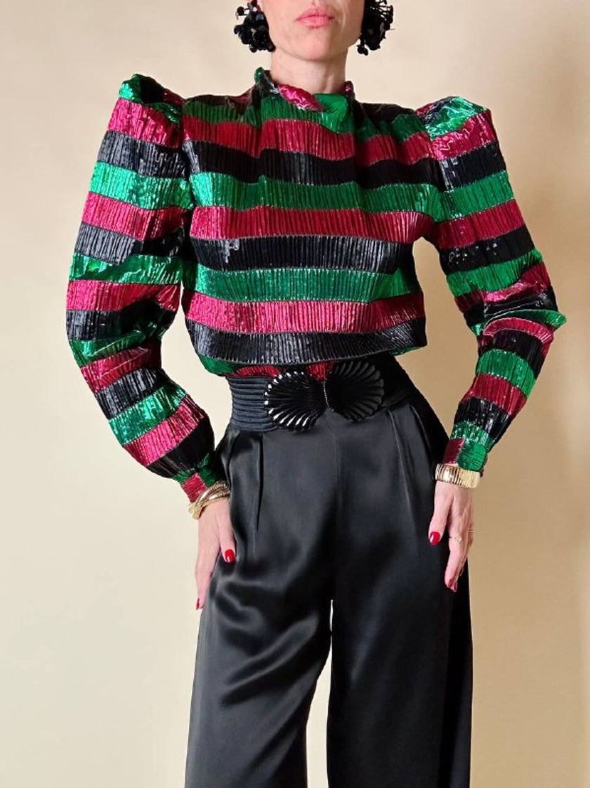 Blusa in lamé goffrato a righe orizzontali multicolor