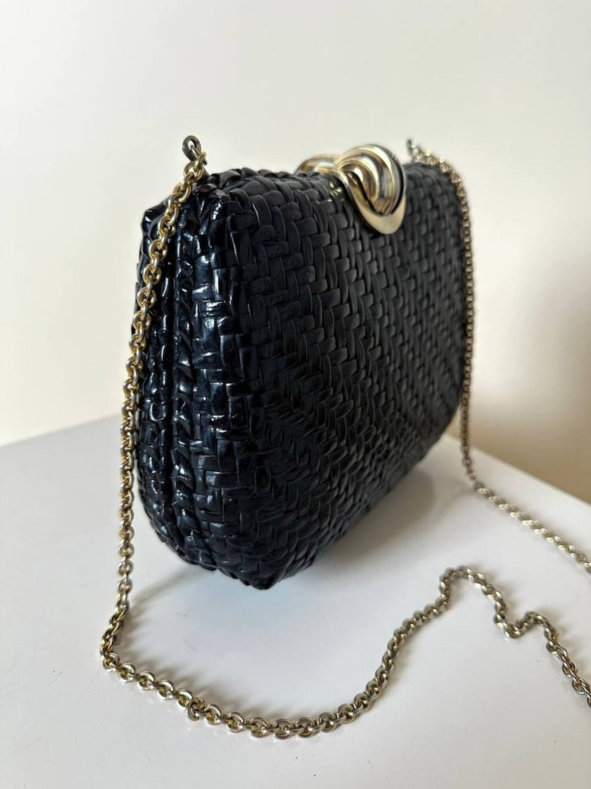 Borsa vintage Rodo in midollino nero con tracolla a catena oro
