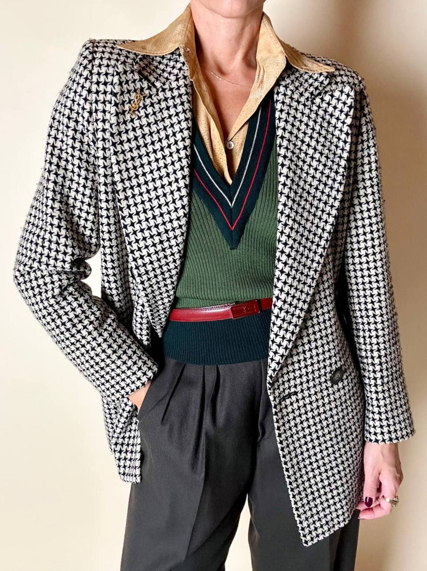 Blazer doppiopetto Mani by Giorgio Armani in lana fantasia pied de poule beige e nera