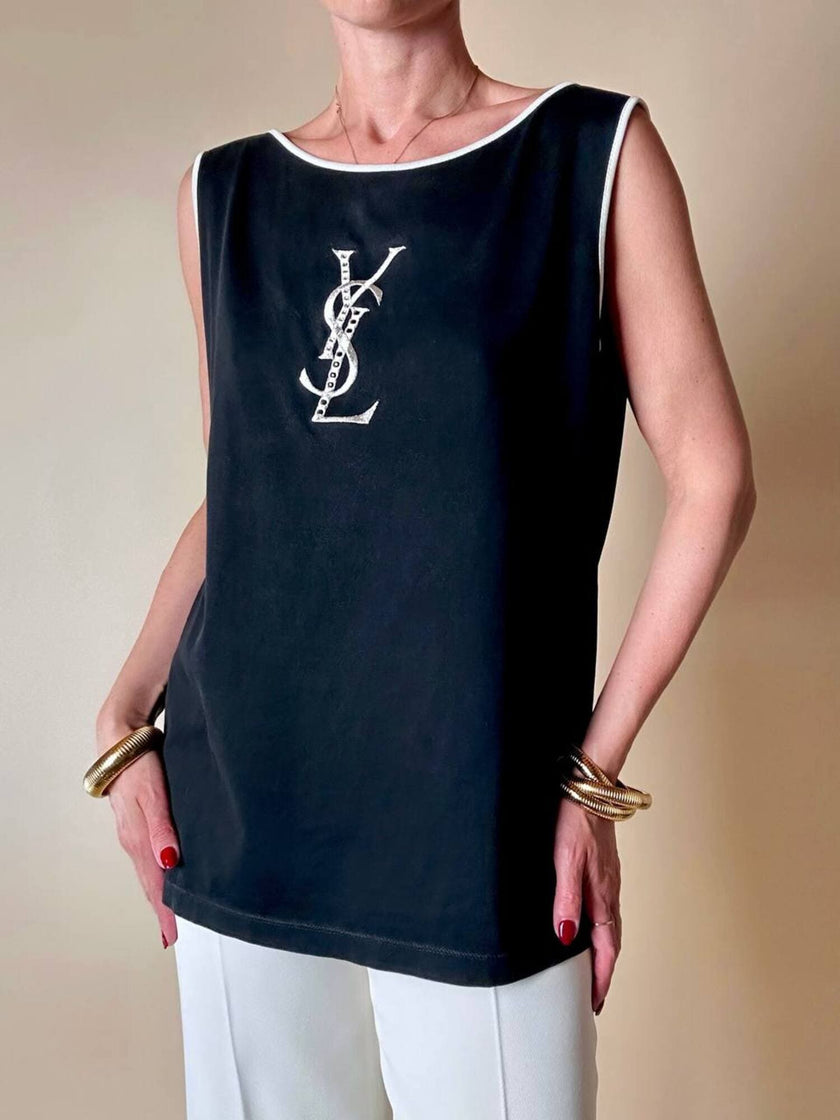 Canottiera in cotone nero con maxi logo ricamato “Yves Saint Laurent”