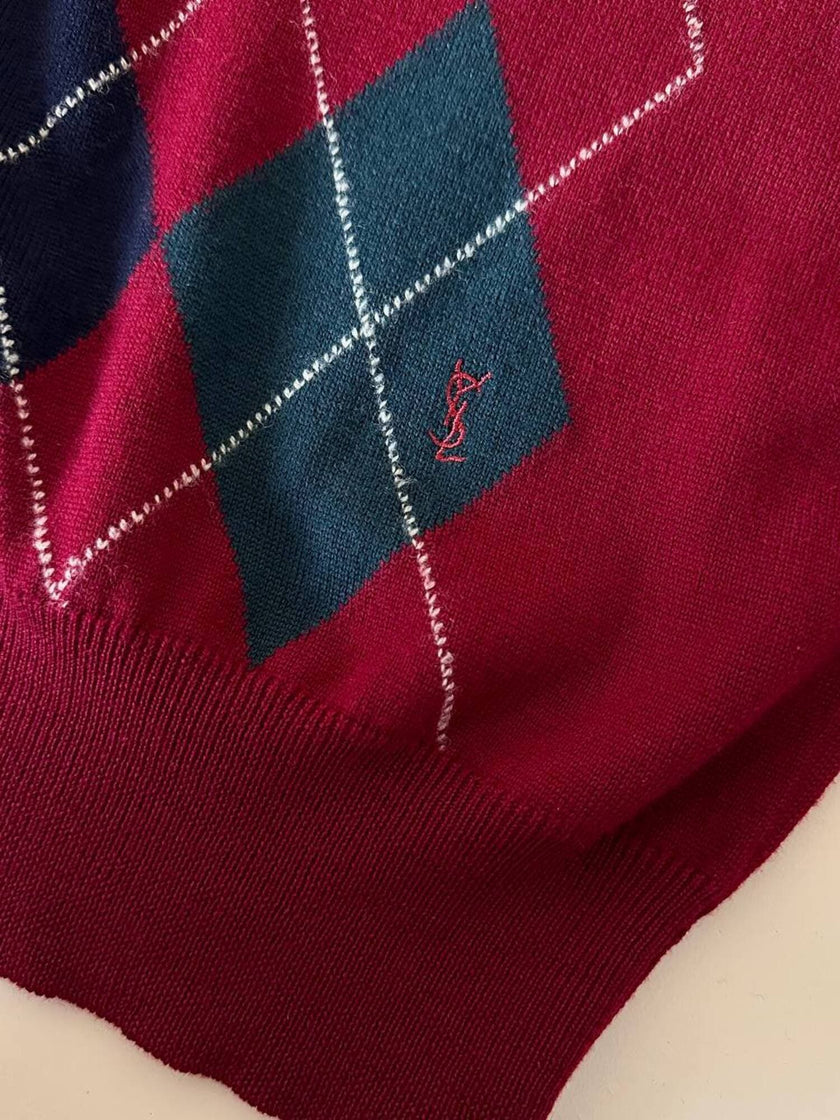 Pullover Yves Saint Laurent fantasia Argyle rosso Borgogna verde inglese e blu notte