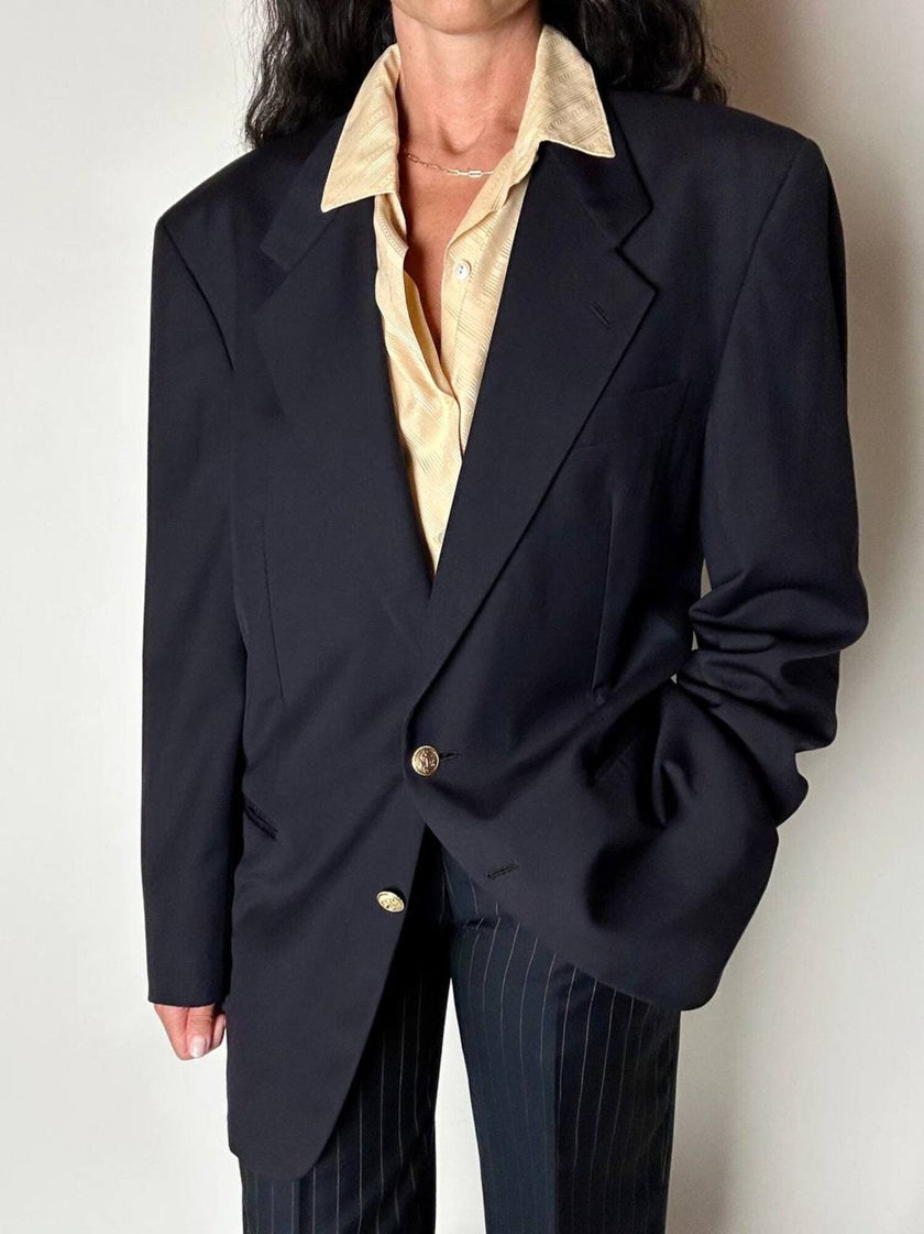 Blazer vintage Enrico Coveri You Young in rasato di lana blu notte con bottoni dorati