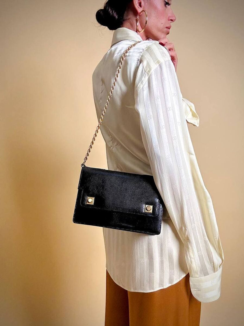 Borsa in pelle nera in stampa tejus 