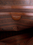 Borsa Yves Saint Laurent in canvas beige con profili color cuoio e motivo greca con logo