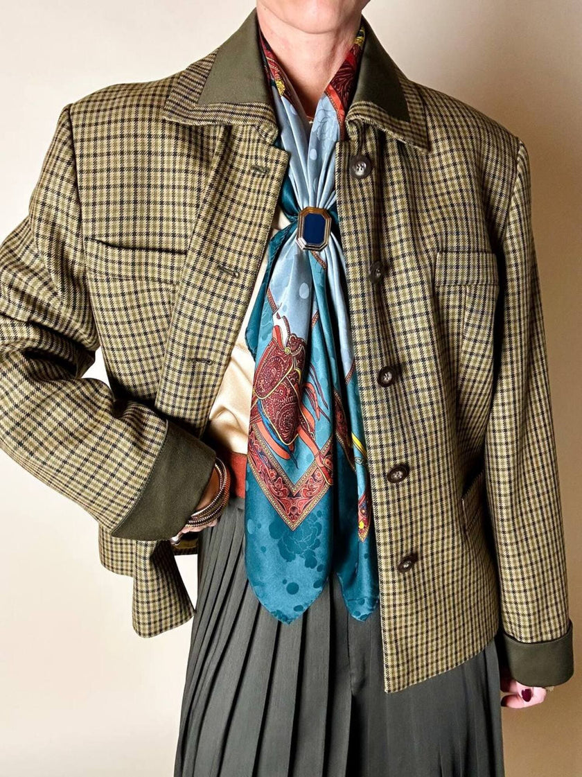 Blazer Byblos in rasato di lana pied de poule beige e verde con riporti verde oliva