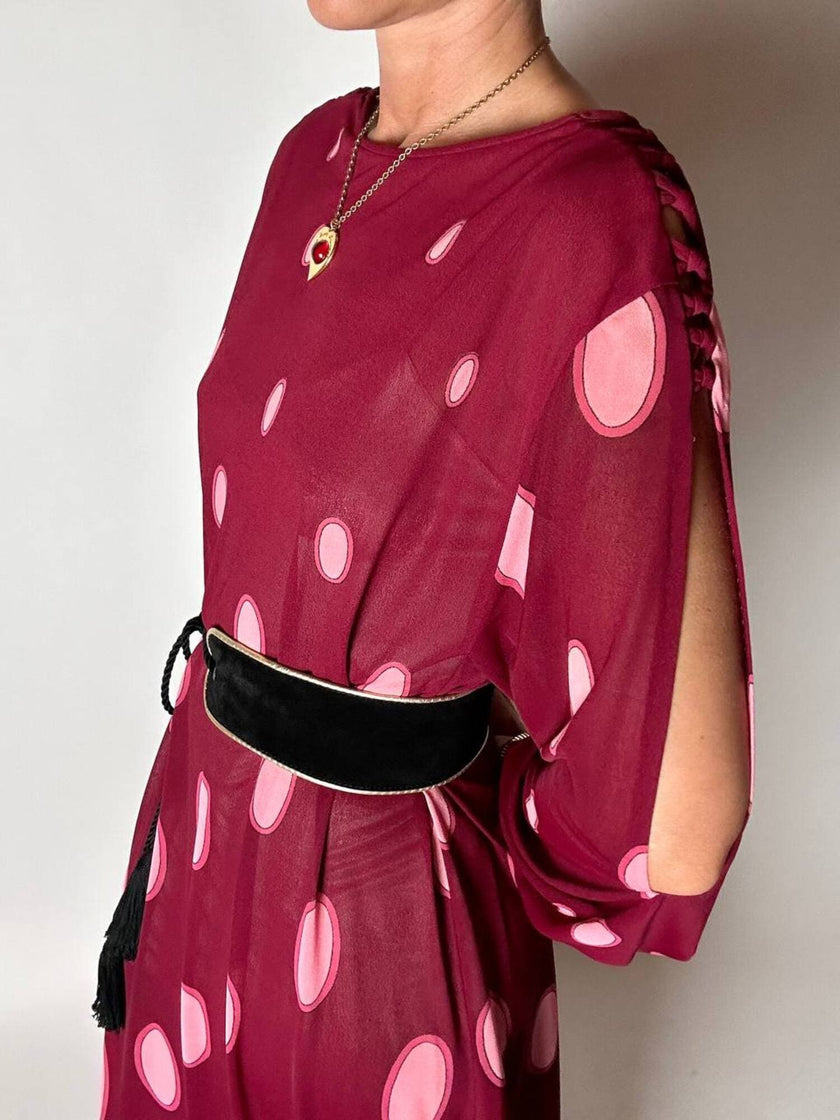 Maxi abito vintage Gottex in cpêpe amarena con maxi pois irregolari rosa
