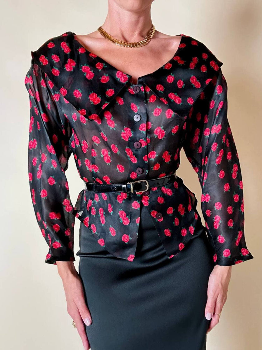 Camicia in organza nera fantasia rose rosse “Byblos”