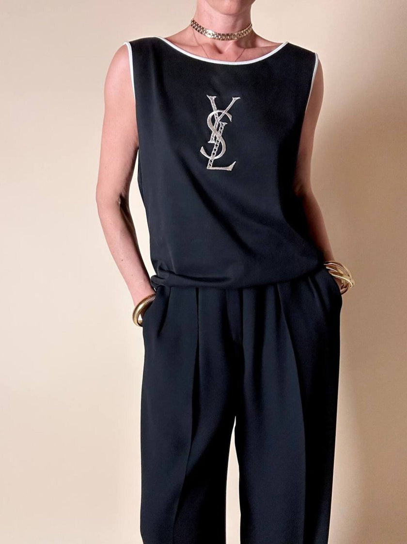 Canottiera in cotone nero con maxi logo ricamato “Yves Saint Laurent”